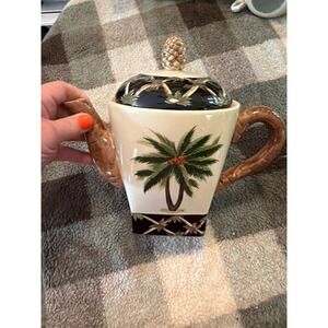 Pacific Rim Handpainted Ceramic Palm Tree Teapot Pineapple Finial Tropical Decor